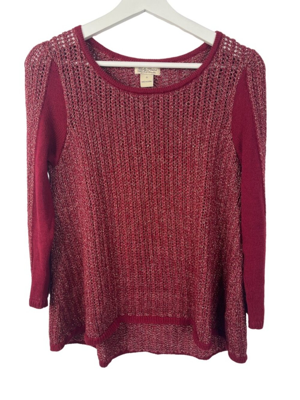 Lucky Brand Women's Crochet Knit Sweater Medium Red Gold Metallic Boho